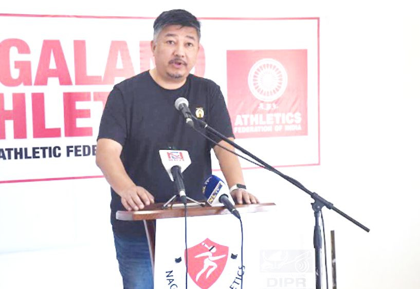 Associate Vice President of Athletic Federation of India (AFI) and President, Nagaland Athletics Association, Abu Metha addressing the press conference at RCEMPA, Jotsoma on October 15. (DIPR Photo)